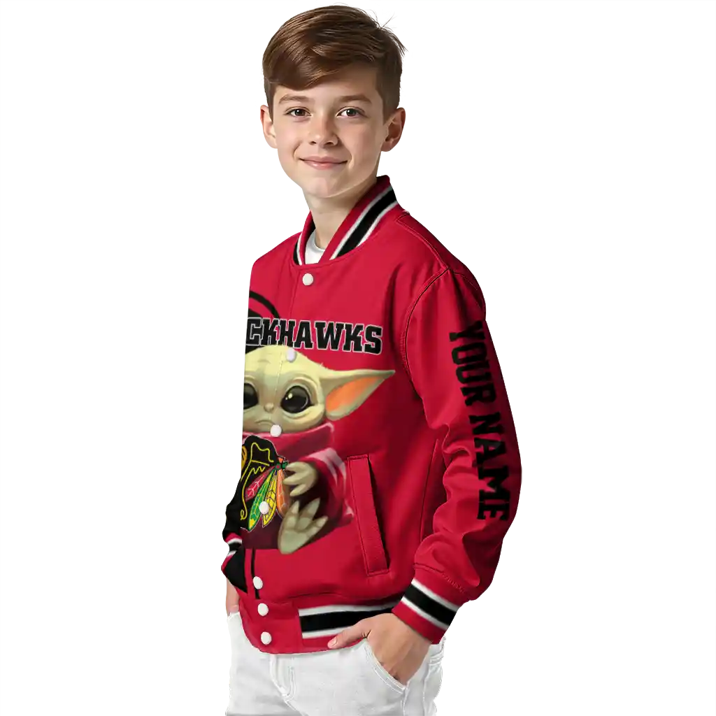 personalized chicago blackhawks adorable yoda red black varsity jacket trendy personalized chicago blackhawks adorable yoda red black varsity jacket trendy