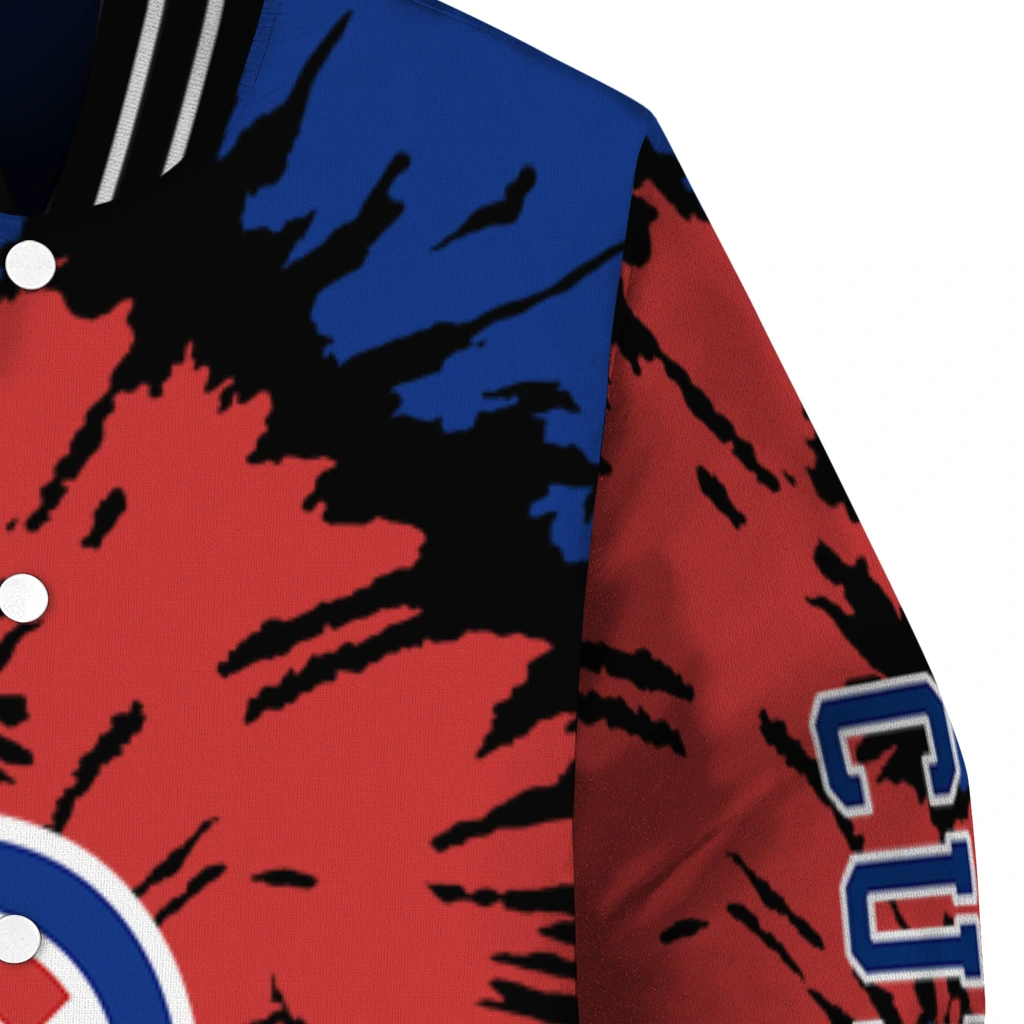 personalized chicago cubs burst splatter blue varsity jacket premium grade personalized chicago cubs burst splatter blue varsity jacket premium grade