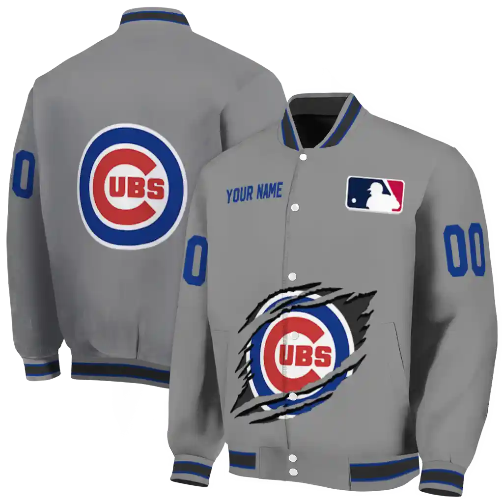 personalized chicago cubs claw rend grey varsity jacket fashion forward personalized chicago cubs claw rend grey varsity jacket fashion forward