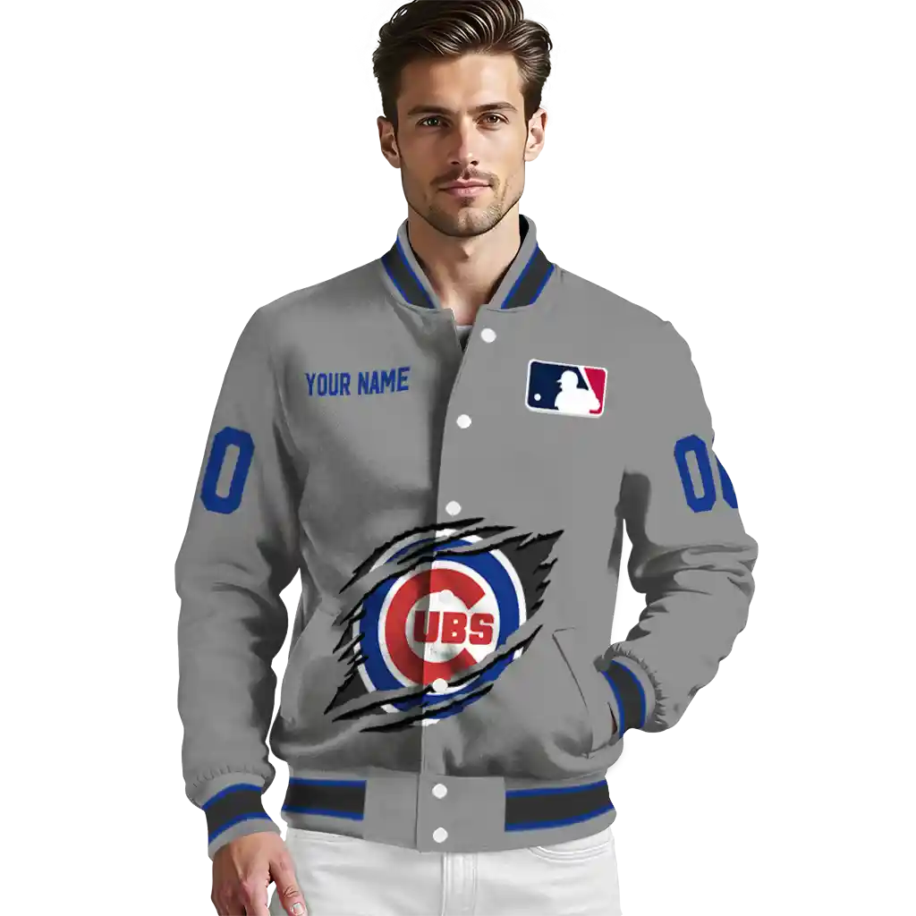 personalized chicago cubs claw rend grey varsity jacket high quality personalized chicago cubs claw rend grey varsity jacket high quality