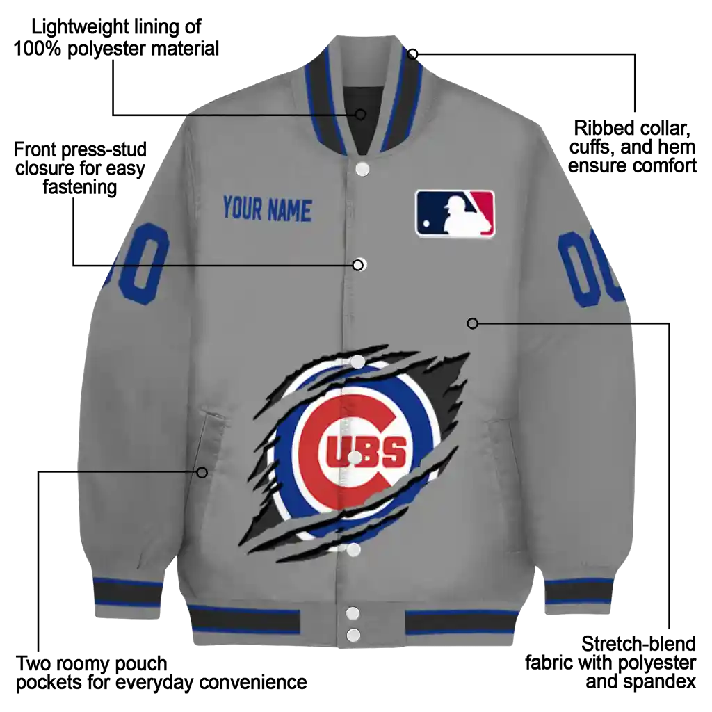 personalized chicago cubs claw rend grey varsity jacket new arrival personalized chicago cubs claw rend grey varsity jacket new arrival