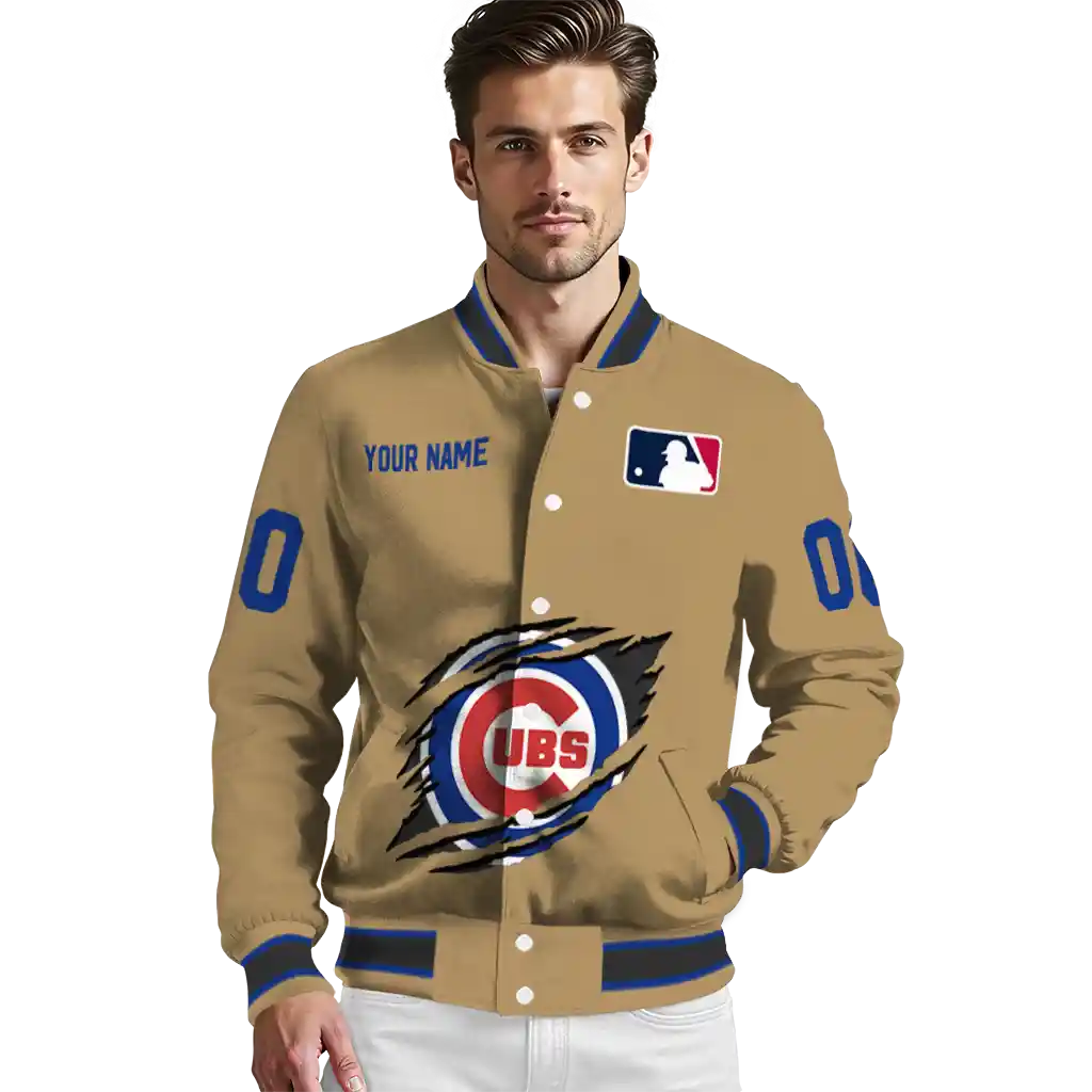 personalized chicago cubs claw swipe beige varsity jacket high quality personalized chicago cubs claw swipe beige varsity jacket high quality