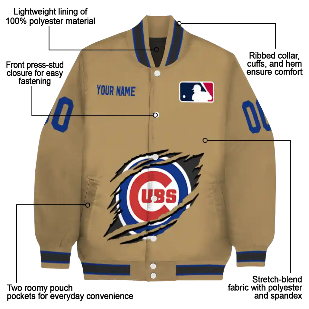 personalized chicago cubs claw swipe beige varsity jacket new arrival personalized chicago cubs claw swipe beige varsity jacket new arrival