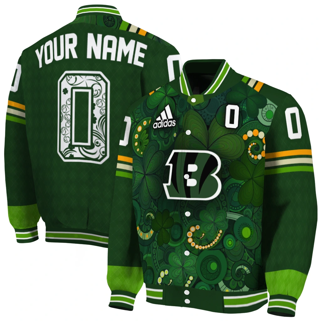 personalized cincinnati bengals shamrock vortex green varsity jacket fashion forward personalized cincinnati bengals shamrock vortex green varsity jacket fashion forward