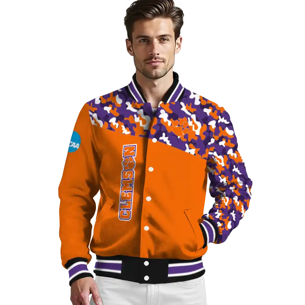 personalized clemson tigers camouflage splash orange varsity jacket high quality personalized clemson tigers camouflage splash orange varsity jacket high quality