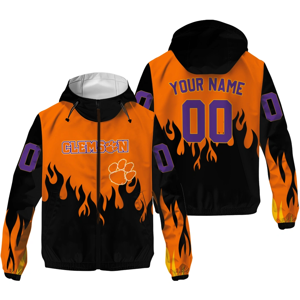 personalized clemson tigers flame trim orange black windbreaker jacket high quality personalized clemson tigers flame trim orange black windbreaker jacket high quality