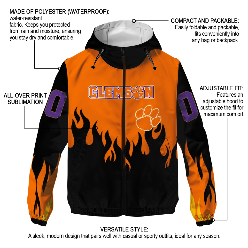 personalized clemson tigers flame trim orange black windbreaker jacket new arrival personalized clemson tigers flame trim orange black windbreaker jacket new arrival