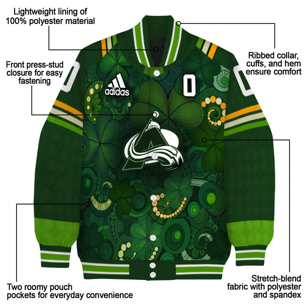 personalized colorado avalanche shamrock vortex green varsity jacket new arrival personalized colorado avalanche shamrock vortex green varsity jacket new arrival