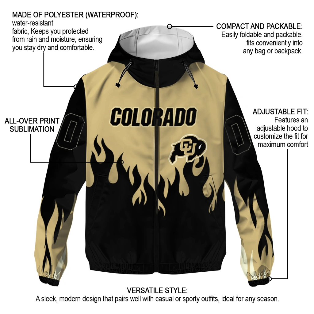 personalized colorado buffaloes flame trim gold black windbreaker jacket new arrival personalized colorado buffaloes flame trim gold black windbreaker jacket new arrival