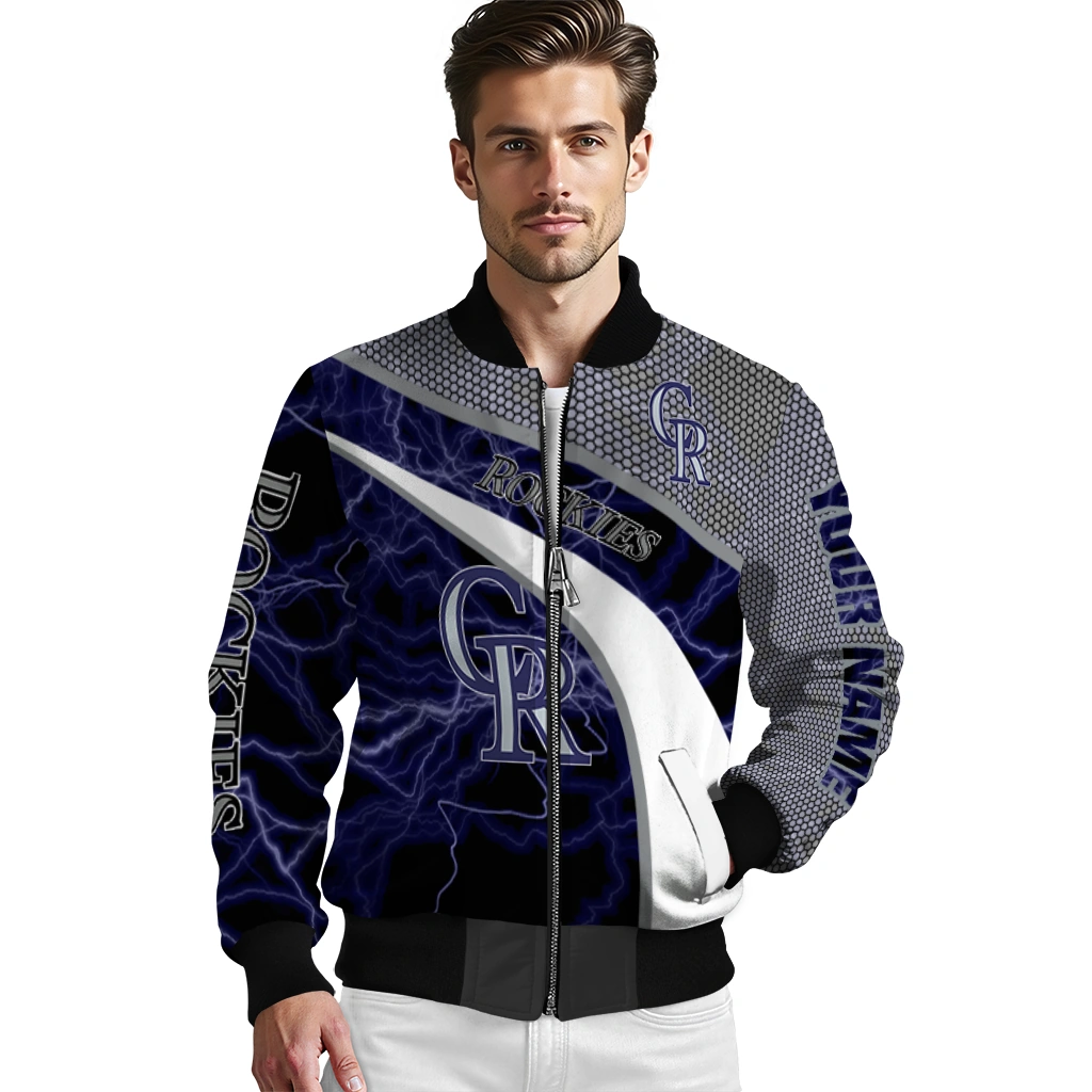 personalized colorado rockies electric flash blue bomber jacket high quality personalized colorado rockies electric flash blue bomber jacket high quality