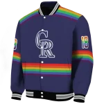 personalized colorado rockies rainbow jersey number blue varsity jacket best selling