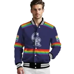 personalized colorado rockies rainbow jersey number blue varsity jacket best selling