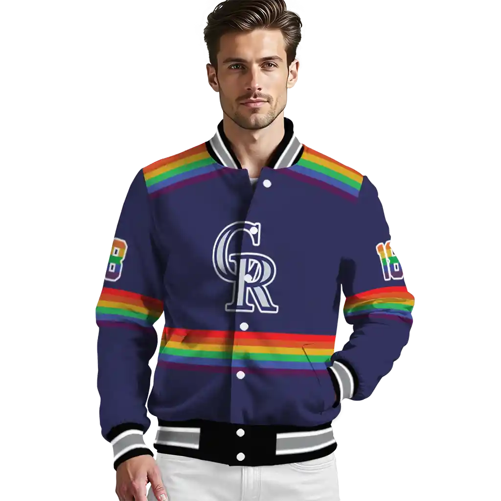 personalized colorado rockies rainbow jersey number blue varsity jacket high quality personalized colorado rockies rainbow jersey number blue varsity jacket high quality