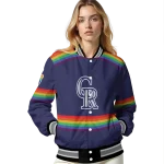 personalized colorado rockies rainbow jersey number blue varsity jacket best selling