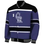 personalized colorado rockies stripe statement blue black varsity jacket best selling