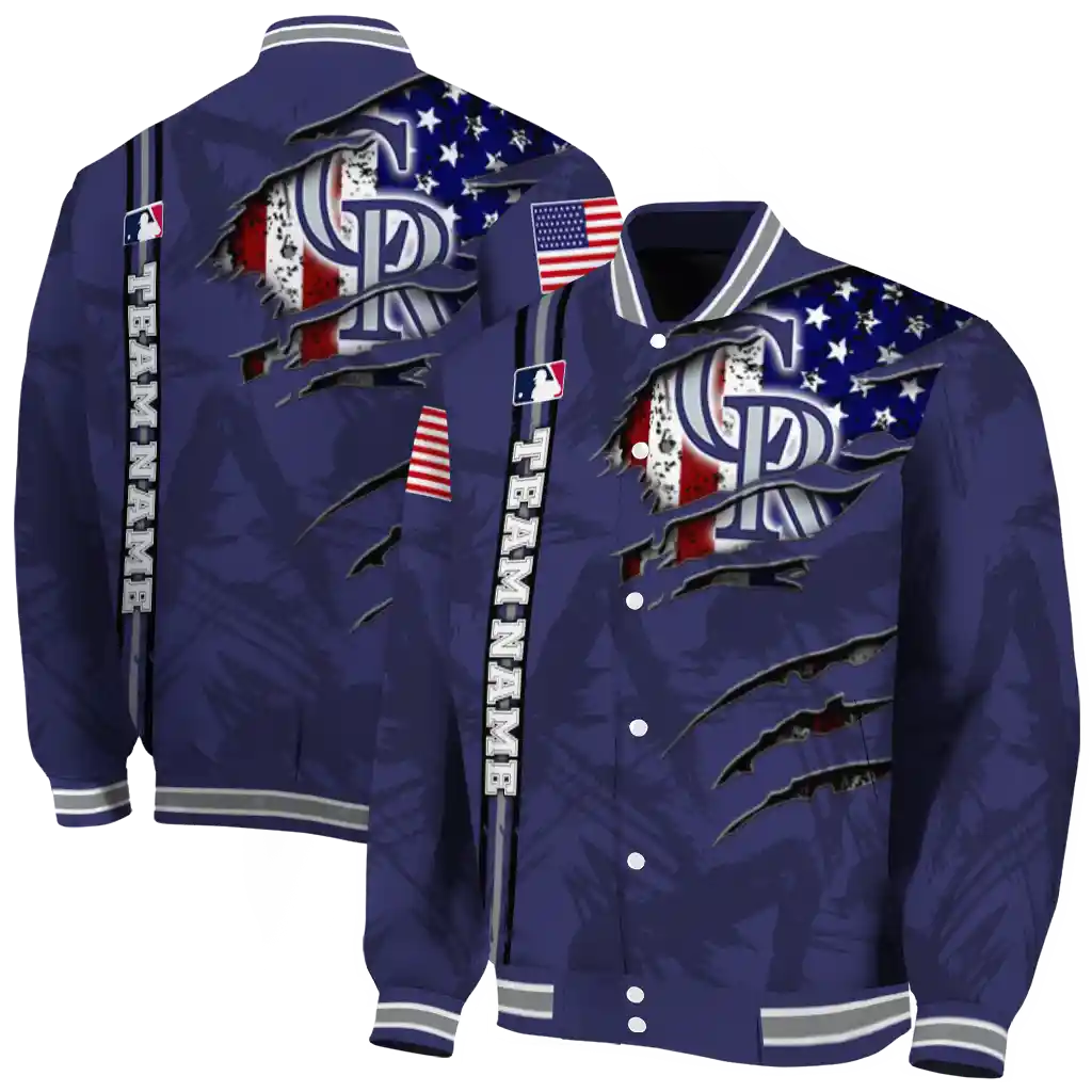 personalized colorado rockies us flag claws blue varsity jacket fashion forward personalized colorado rockies us flag claws blue varsity jacket fashion forward