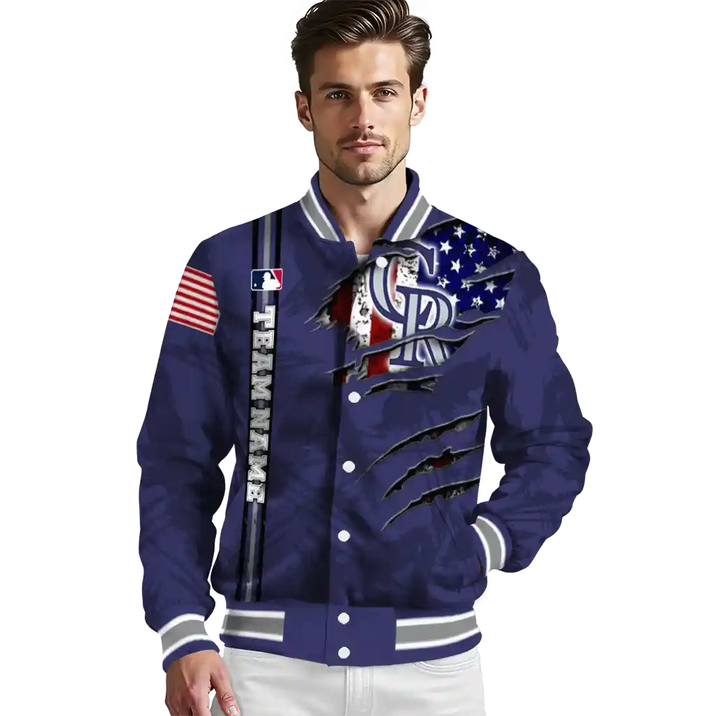 personalized colorado rockies us flag claws blue varsity jacket high quality personalized colorado rockies us flag claws blue varsity jacket high quality