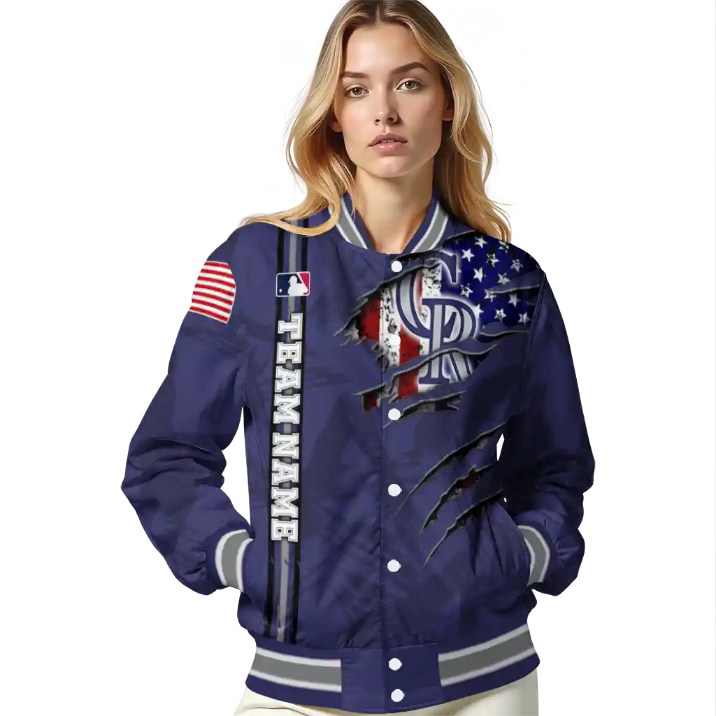 personalized colorado rockies us flag claws blue varsity jacket latest model personalized colorado rockies us flag claws blue varsity jacket latest model