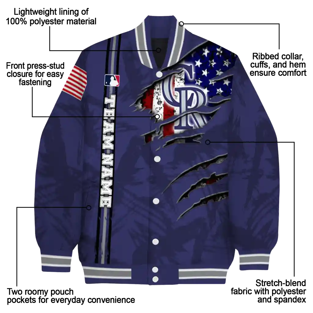 personalized colorado rockies us flag claws blue varsity jacket new arrival personalized colorado rockies us flag claws blue varsity jacket new arrival