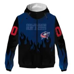 personalized columbus blue jackets flame trim navy blue black windbreaker jacket best selling