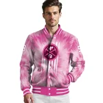 personalized denver nuggets pink tie dye pink varsity jacket best selling