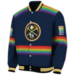 personalized denver nuggets rainbow jersey number blue varsity jacket best selling