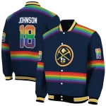personalized denver nuggets rainbow jersey number blue varsity jacket best selling