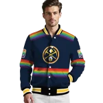 personalized denver nuggets rainbow jersey number blue varsity jacket best selling