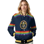 personalized denver nuggets rainbow jersey number blue varsity jacket best selling