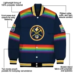 personalized denver nuggets rainbow jersey number blue varsity jacket best selling
