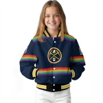 personalized denver nuggets rainbow jersey number blue varsity jacket best selling