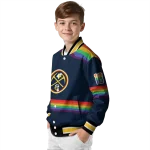 personalized denver nuggets rainbow jersey number blue varsity jacket best selling