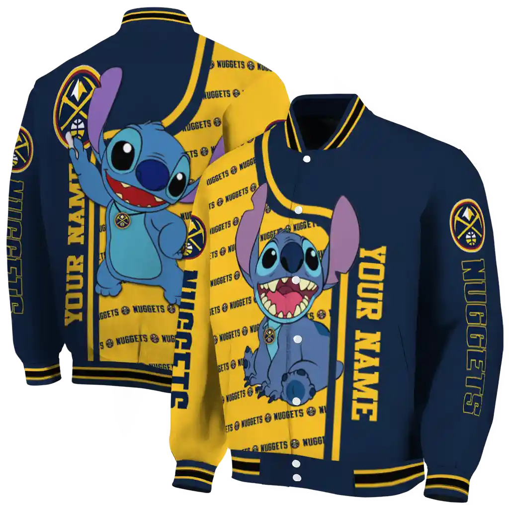 personalized denver nuggets stitch laughing blue varsity jacket fashion forward personalized denver nuggets stitch laughing blue varsity jacket fashion forward