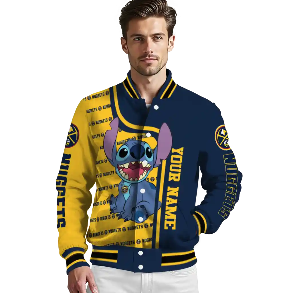 personalized denver nuggets stitch laughing blue varsity jacket high quality personalized denver nuggets stitch laughing blue varsity jacket high quality
