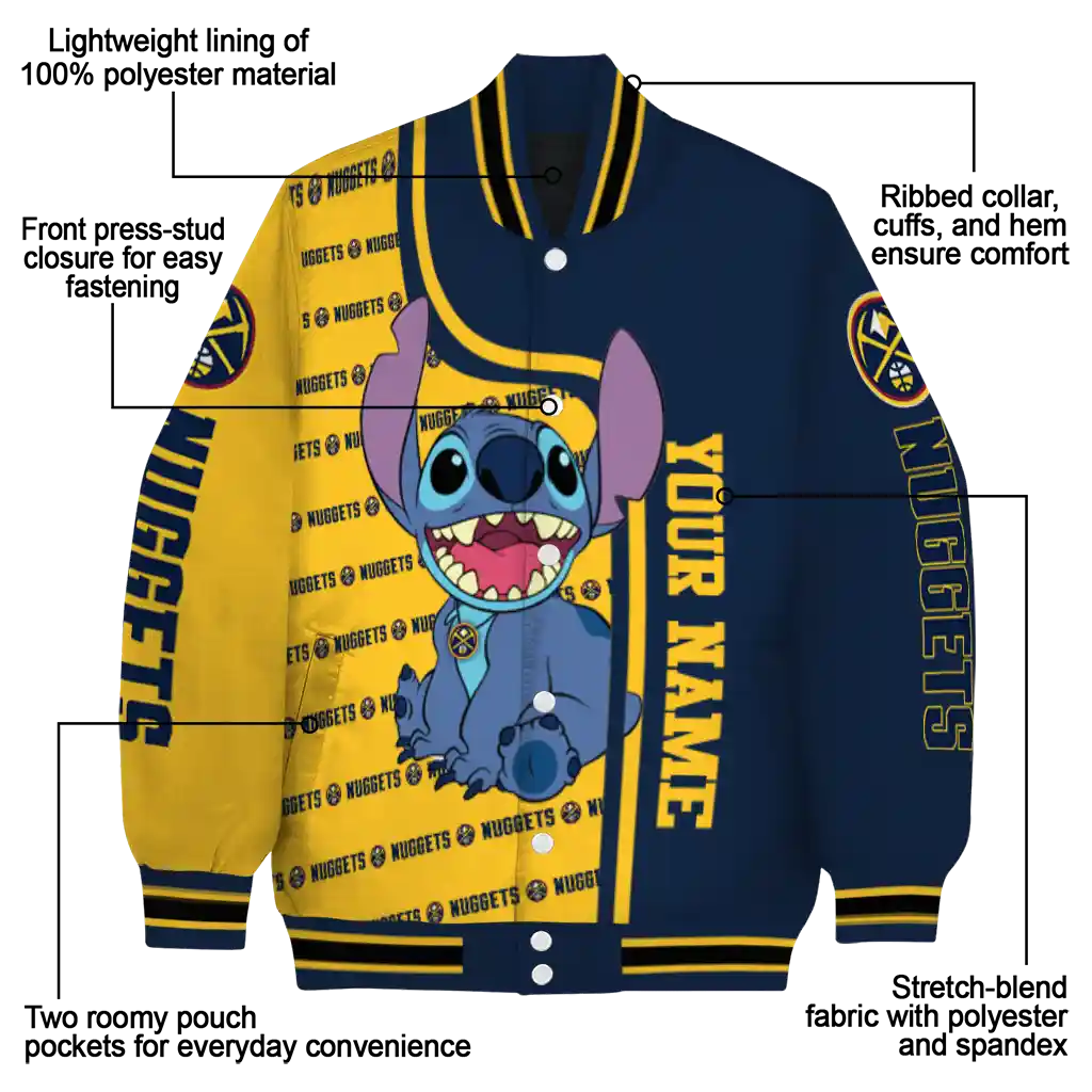 personalized denver nuggets stitch laughing blue varsity jacket new arrival personalized denver nuggets stitch laughing blue varsity jacket new arrival