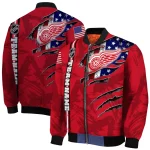 personalized detroit red wings usa flag rips red bomber jacket best selling