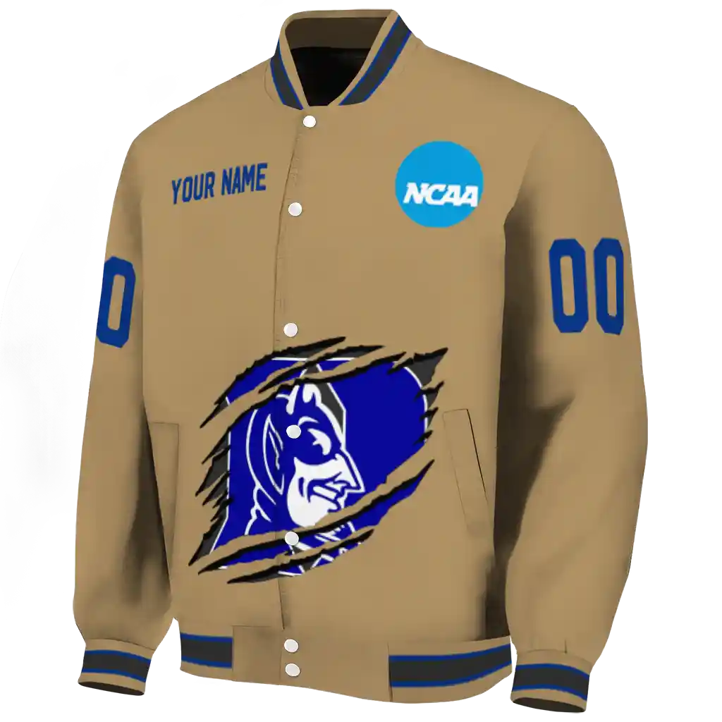 personalized duke blue devils claw effect beige varsity jacket best selling personalized duke blue devils claw effect beige varsity jacket best selling