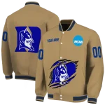 personalized duke blue devils claw effect beige varsity jacket best selling