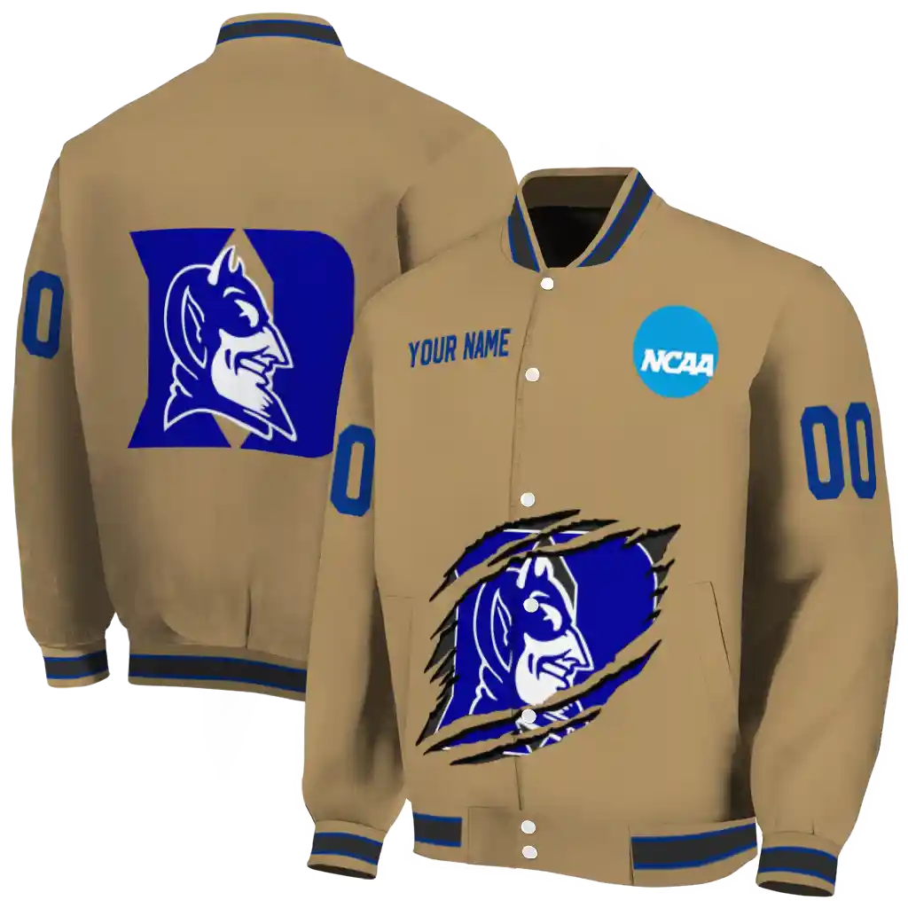 personalized duke blue devils claw effect beige varsity jacket fashion forward personalized duke blue devils claw effect beige varsity jacket fashion forward