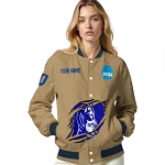 personalized duke blue devils claw effect beige varsity jacket best selling
