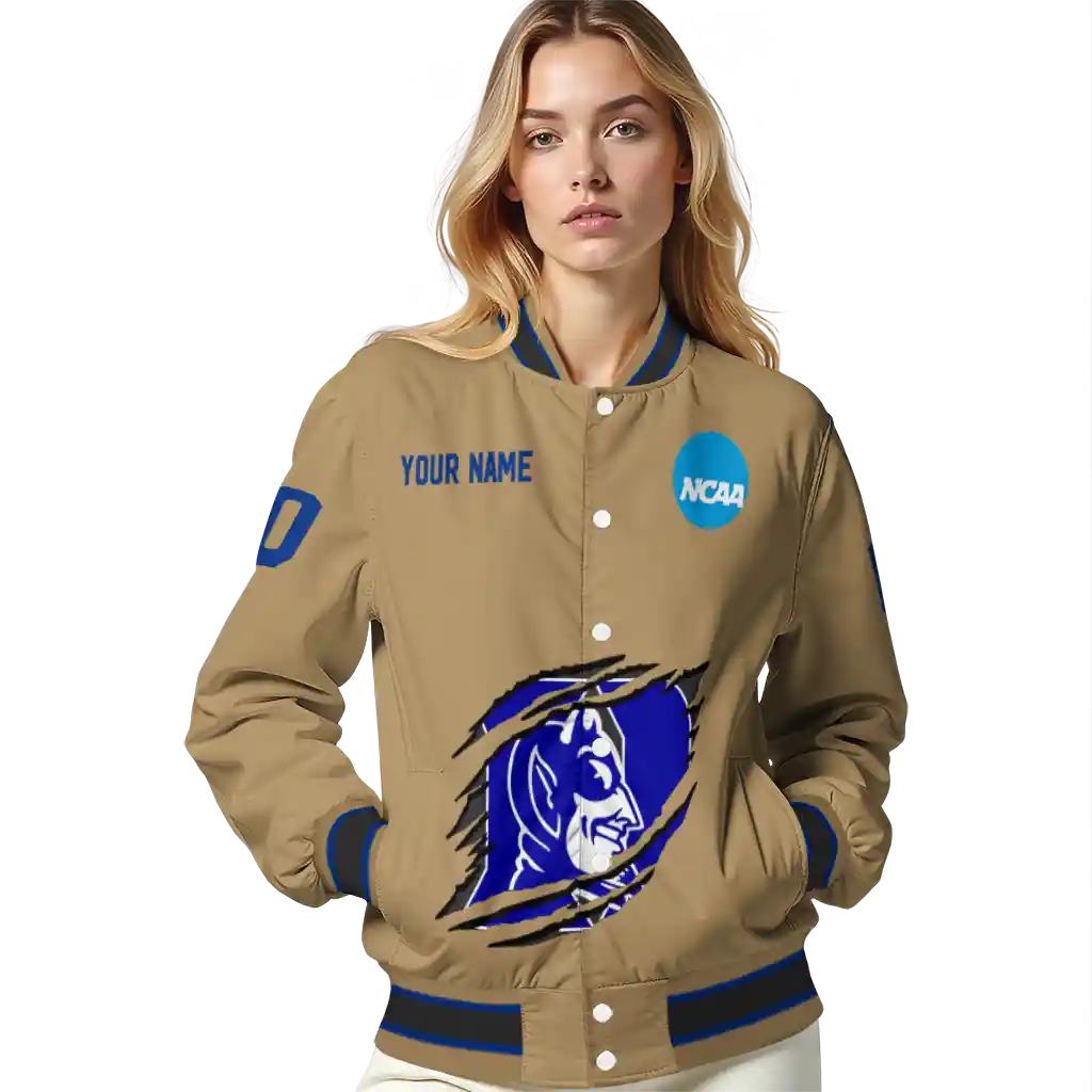 personalized duke blue devils claw effect beige varsity jacket latest model personalized duke blue devils claw effect beige varsity jacket latest model
