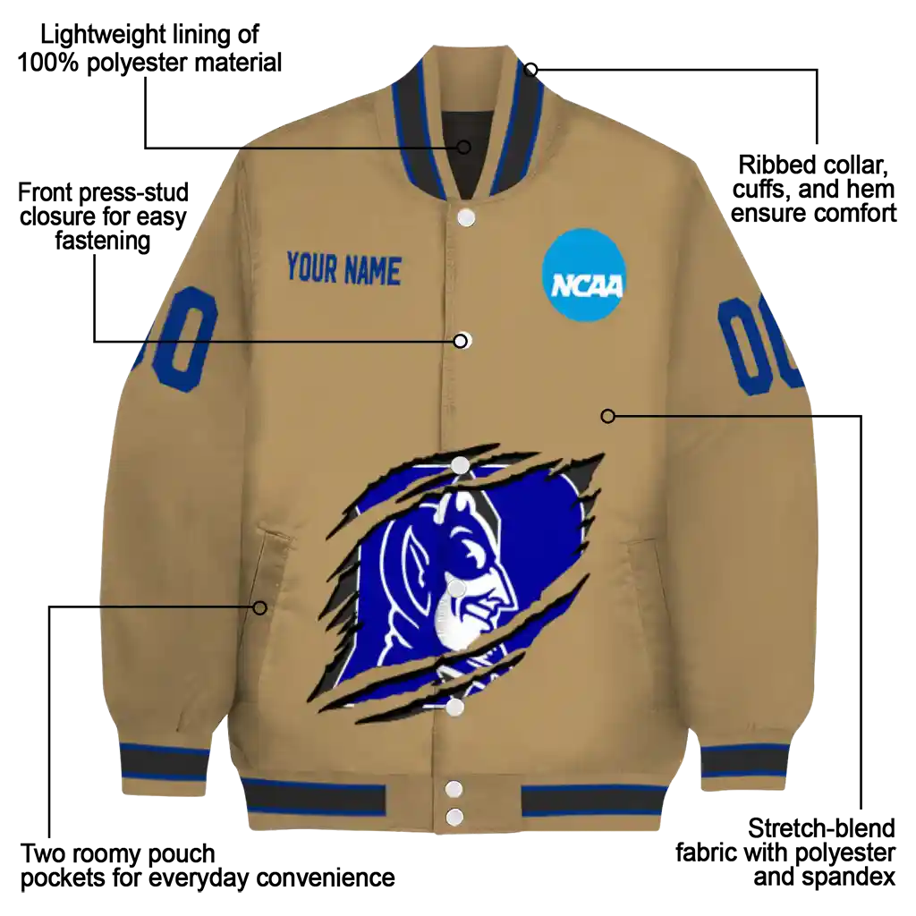 personalized duke blue devils claw effect beige varsity jacket new arrival personalized duke blue devils claw effect beige varsity jacket new arrival