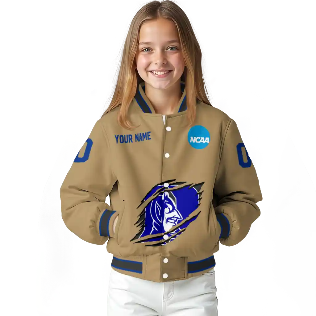 personalized duke blue devils claw effect beige varsity jacket top rated personalized duke blue devils claw effect beige varsity jacket top rated