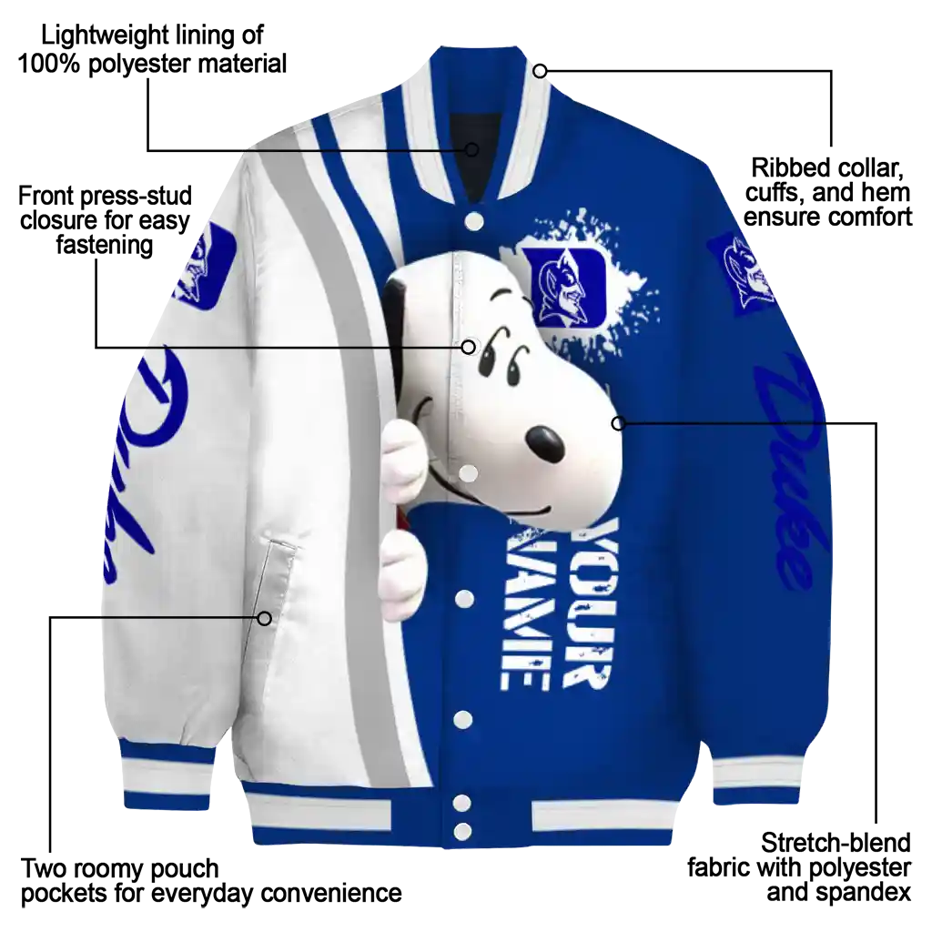 personalized duke blue devils snoopy head blue varsity jacket new arrival personalized duke blue devils snoopy head blue varsity jacket new arrival