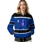 personalized duke blue devils stripe statement blue black varsity jacket best selling