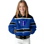 personalized duke blue devils stripe statement blue black varsity jacket best selling
