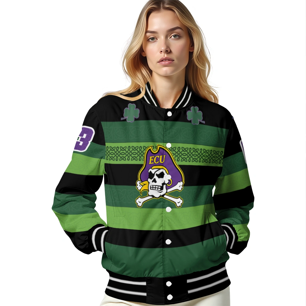 personalized east carolina pirates clover green lines green black varsity jacket latest model personalized east carolina pirates clover green lines green black varsity jacket latest model