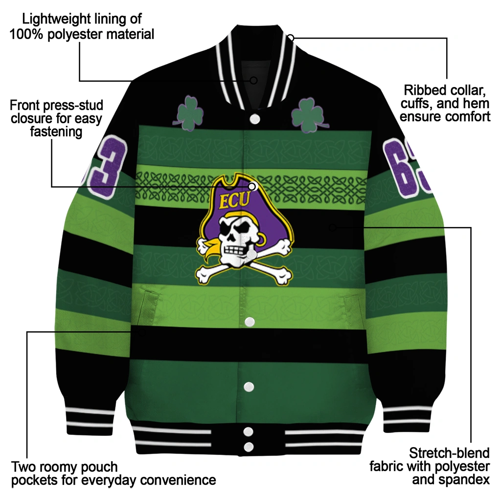 personalized east carolina pirates clover green lines green black varsity jacket new arrival personalized east carolina pirates clover green lines green black varsity jacket new arrival