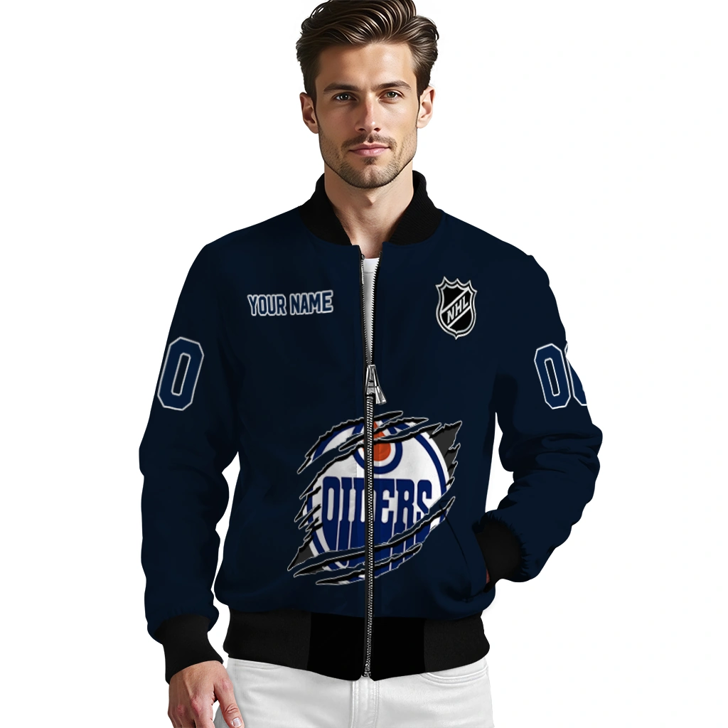 personalized edmonton oilers claw rip blue bomber jacket high quality personalized edmonton oilers claw rip blue bomber jacket high quality