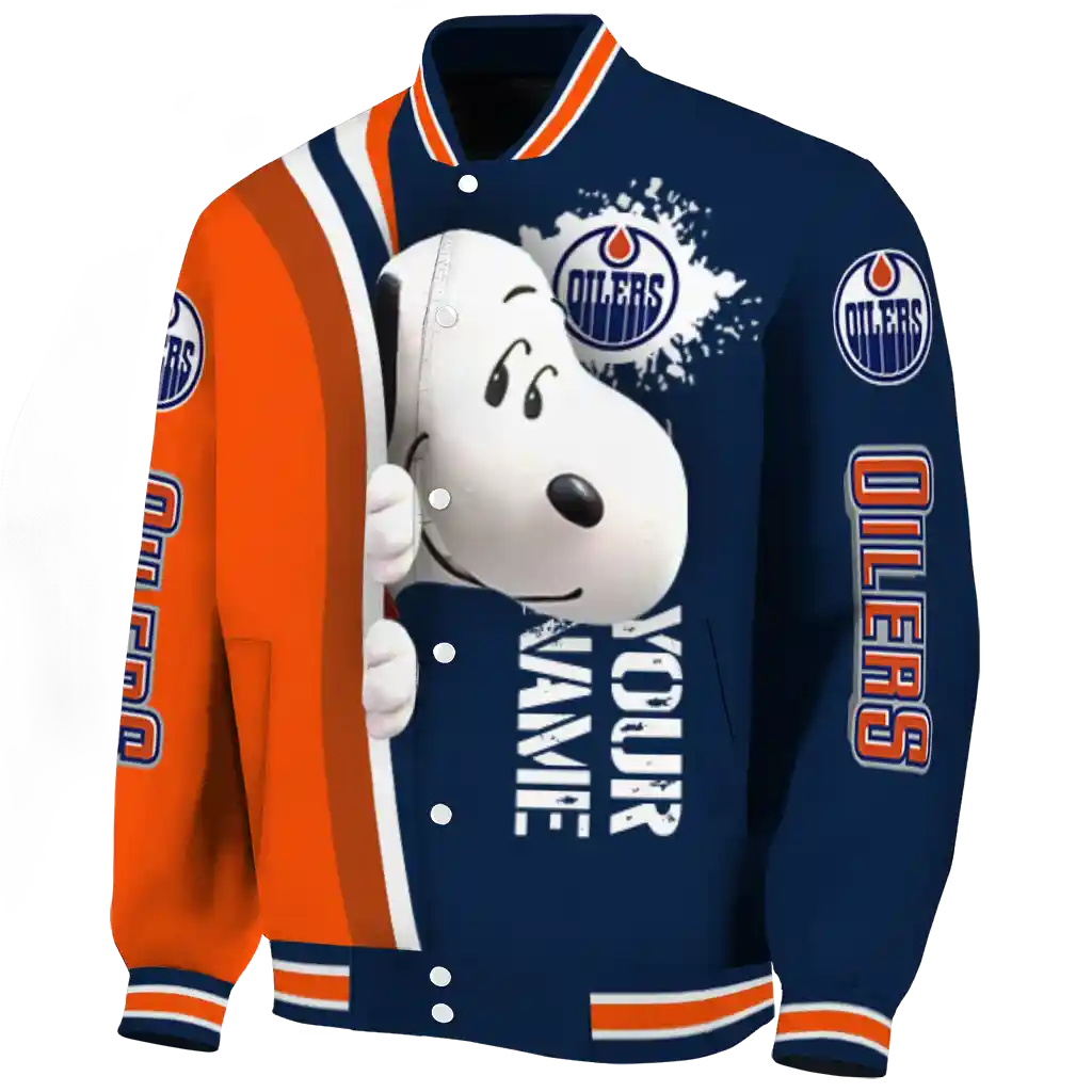 personalized edmonton oilers snoopy head blue varsity jacket best selling personalized edmonton oilers snoopy head blue varsity jacket best selling